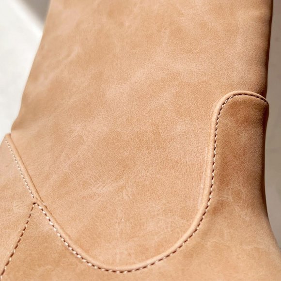 NEW Tan Distress Nubuck Faux Leather Pointy Toe Block Heel Western Ankle Boots - Picture 10 of 11